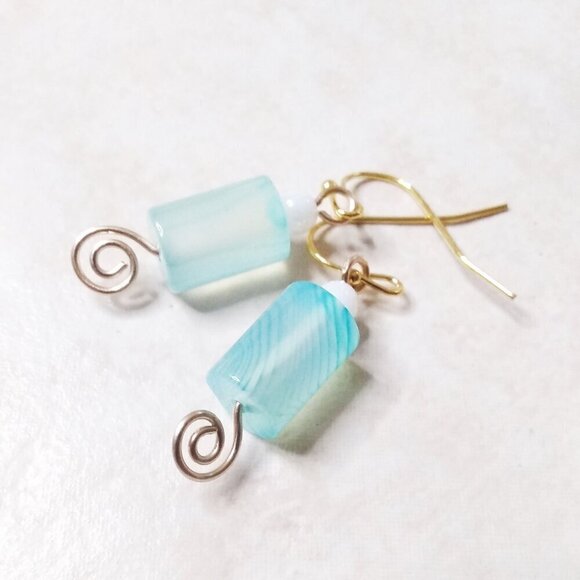 Aqua + Gold ~ Banded Agate Drop Earrings! Feminine + Sexy! Summer Vacation Ready - Picture 1 of 7